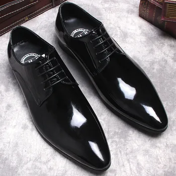 Homens luxo do Vestido Sapatos de Couro Genuíno de Bezerro Couro de Patente Oxfords Laço Casamento italiano de Negócios Formal Sapatos Para Homens