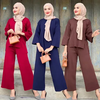 Muçulmano Conjuntos para as Mulheres de Vestuário Islâmico da Indonésia Árabe Outono Camisola de Malha Terno 2022 Casuais Novo Tops e Calças de 2 peças Ternos