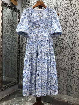 2022 mulheres novas de moda de mangas curtas com decote em V floral emagrecimento casual simples meados de saia vestido de 803