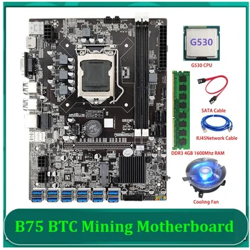 B75 ETH de Mineração placa-Mãe 12 PCIE USB LGA1155 Com G530 CPU+4GB DDR3 1600 mhz RAM+Ventilador de Refrigeração B75 BTC Mineiro