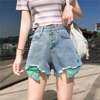 Verão Patchwork De Jeans, Shorts Plus Size Cintura Alta Buraco Jeans Curto Casual Harajuku Streetwear Mulheres 8819