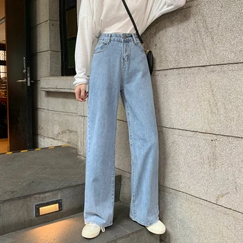 Mulher Jeans De Cintura Alta Roupas De Perna Larga De Jeans Vestuário Azul Streetwear Qualidade Vintage 2021 Moda Harajuku Reta Calças
