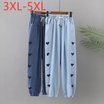 Novo 2021 Senhoras Primavera Verão Plus Size Viscose de Jeans, Calças compridas Para Mulheres Grandes e Soltos Casual de Impressão Calça Azul 3XL 4XL 5XL